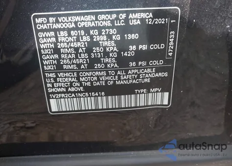 2022 Volkswagen Atlas 3.6L V6 Sel Premium R-Line из США, поврежденный, VIN 1V2FR2CA1NC515416